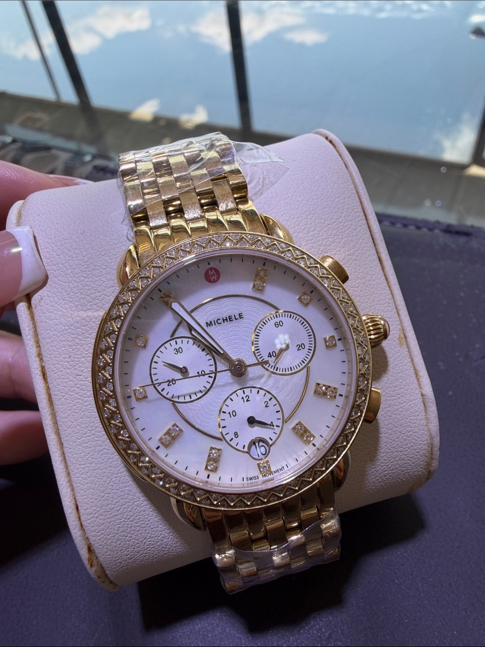 Michele Gold-Tone Diamond Accent Chronograph Watch with White Dial